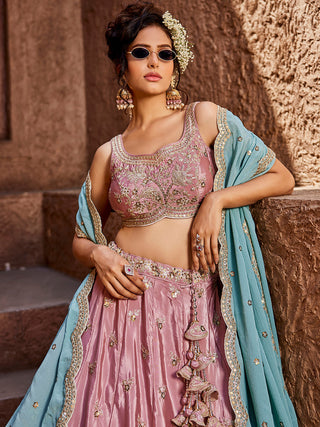 Pink Satin Silk Sequins embroidery Semi-Stitched Lehenga choli & Dupatta Clothsvilla