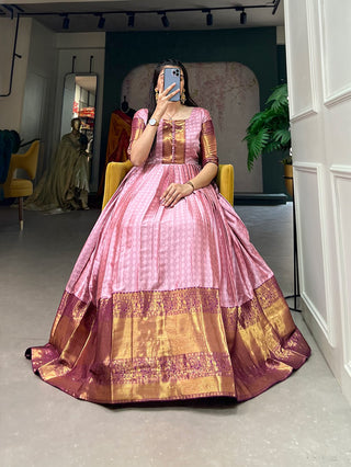 Pink Self-Design Aura Zari Weave Gown Dress ClothsVilla