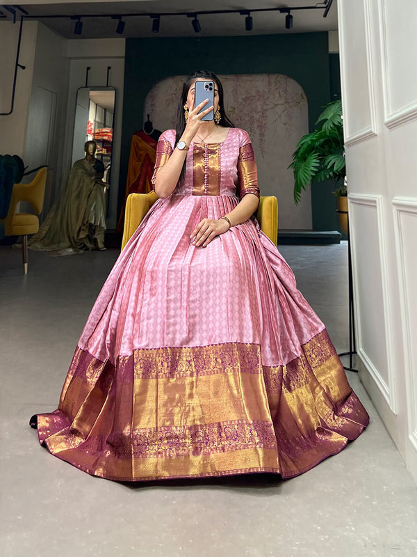 Pink Self-Design Aura Zari Weave Gown Dress ClothsVilla