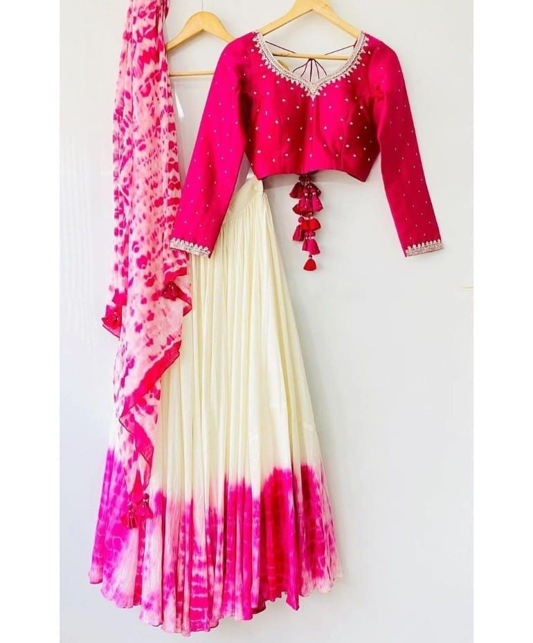 Pink Shibori Marble Dyed Lehenga with Raw Silk Hand Embroidered Blouse In Multi Colors ClothsVilla