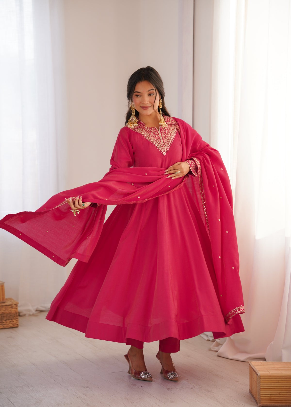 Pink Shimmer Silk Fancy Zari Work Anarkali ClothsVilla Main image