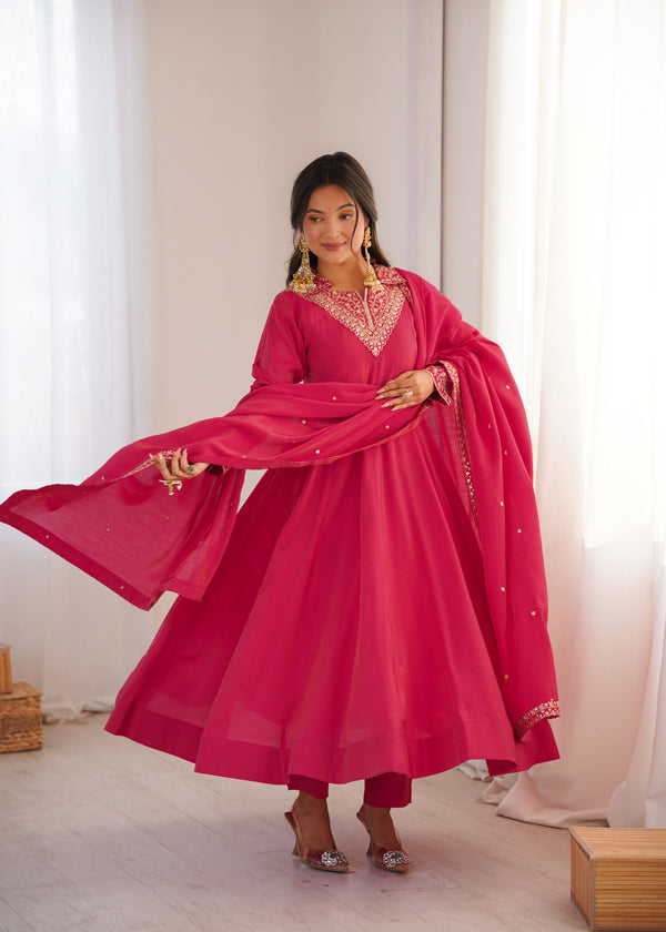 Pink Shimmer Silk Fancy Zari Work Anarkali ClothsVilla