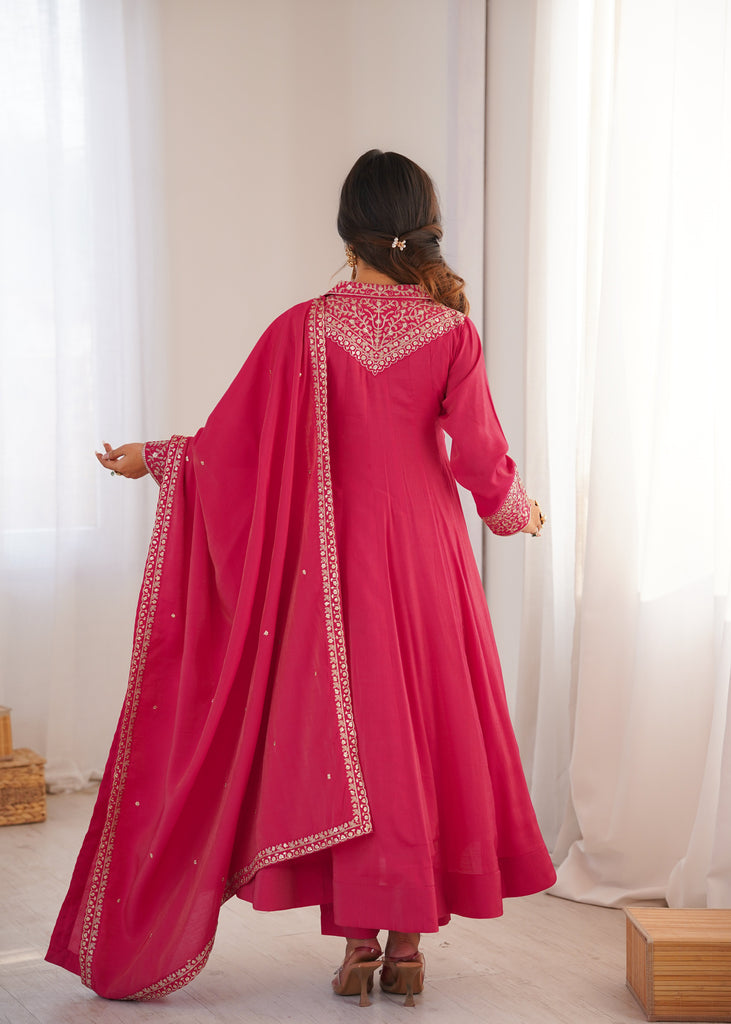 Pink Shimmer Silk Fancy Zari Work Anarkali ClothsVilla