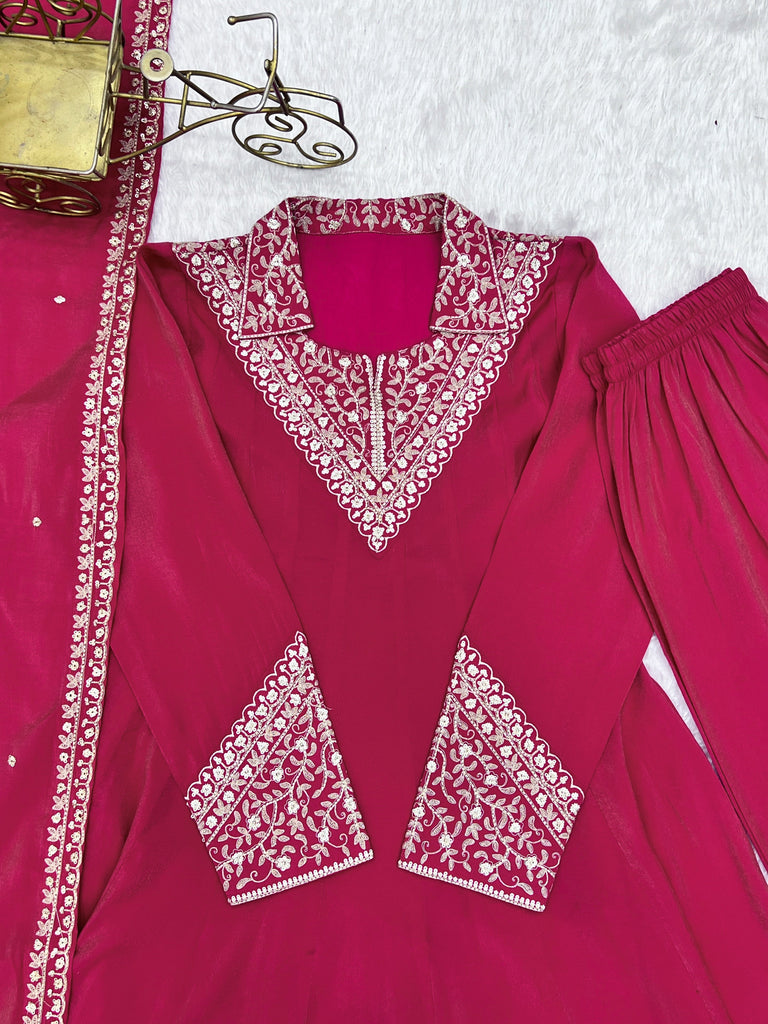 Pink Shimmer Silk Fancy Zari Work Anarkali ClothsVilla