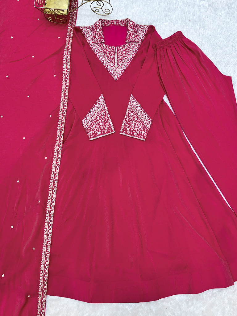 Pink Shimmer Silk Fancy Zari Work Anarkali ClothsVilla