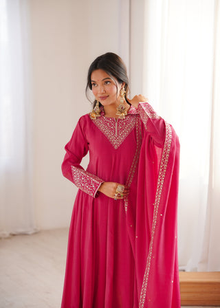 Pink Shimmer Silk Fancy Zari Work Anarkali ClothsVilla