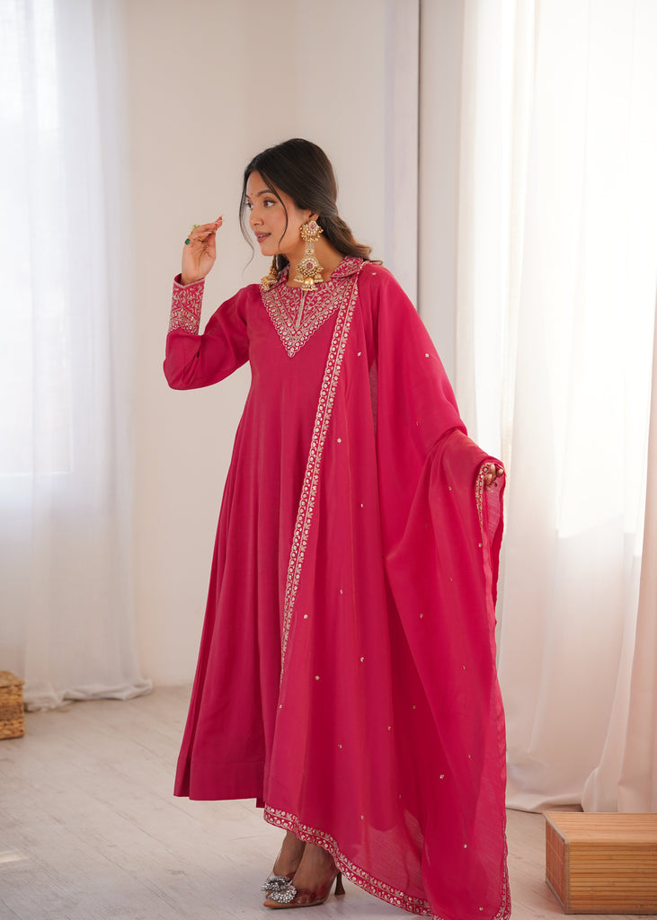 Pink Shimmer Silk Fancy Zari Work Anarkali ClothsVilla