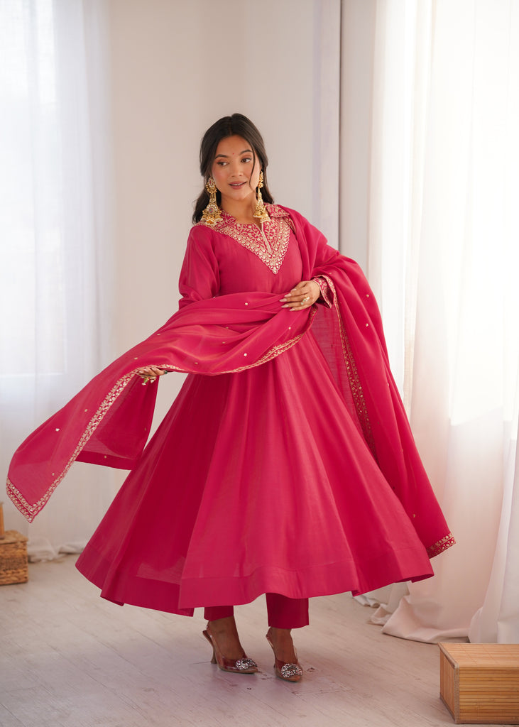 Pink Shimmer Silk Fancy Zari Work Anarkali ClothsVilla