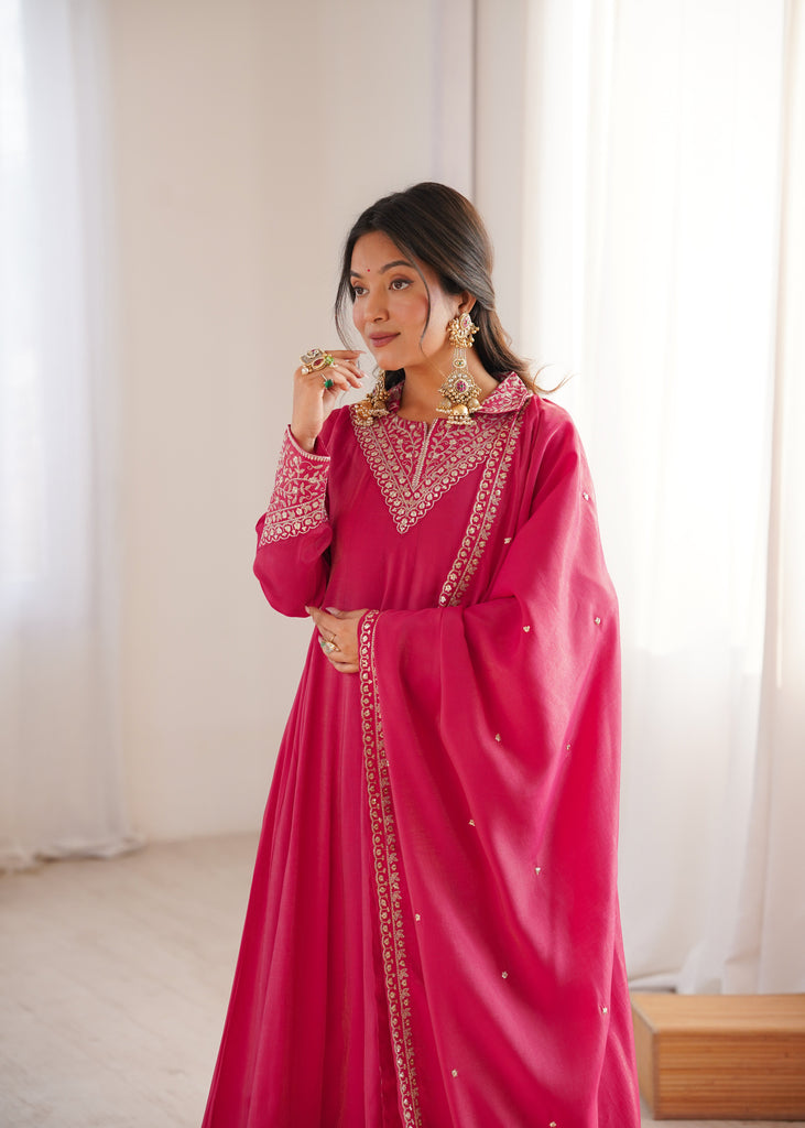 Pink Shimmer Silk Fancy Zari Work Anarkali ClothsVilla