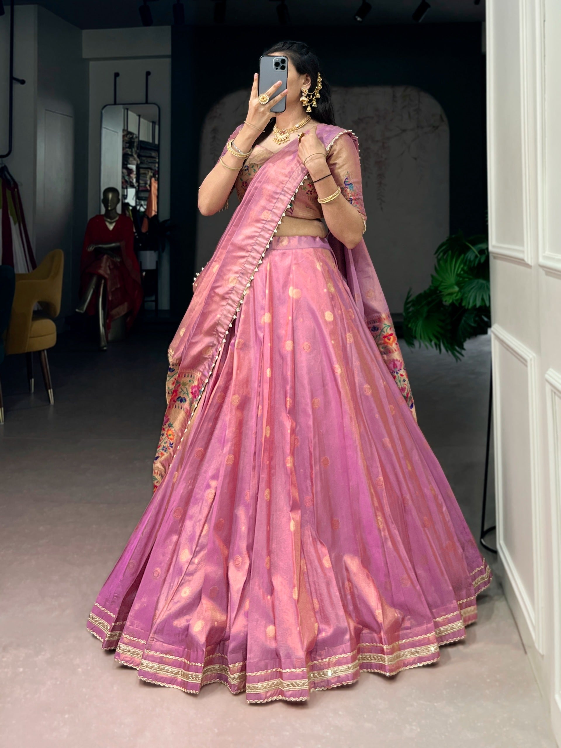 Pink Shimmer Zari Weaving Lehenga Secondary image