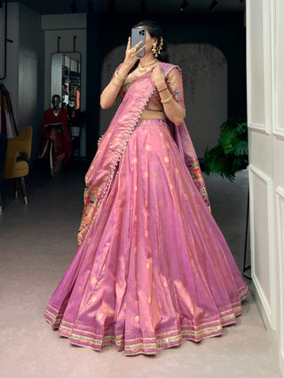 Pink Shimmer Zari Weaving Lehenga ClothsVilla