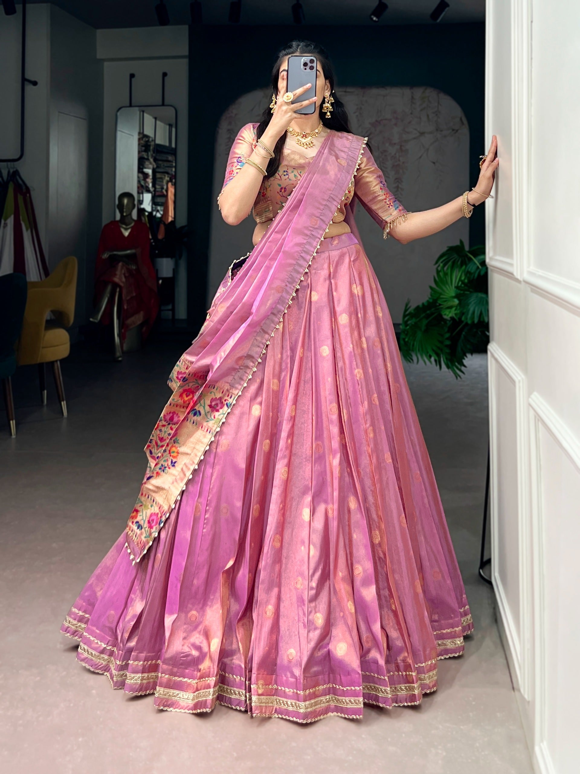 Pink Shimmer Zari Weaving Lehenga ClothsVilla Main image