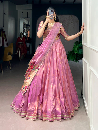 Pink Shimmer Zari Weaving Lehenga ClothsVilla