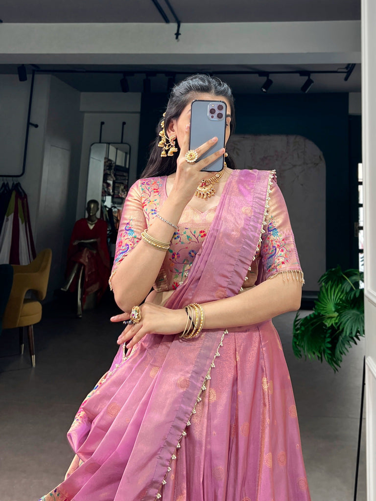 Pink Shimmer Zari Weaving Lehenga ClothsVilla