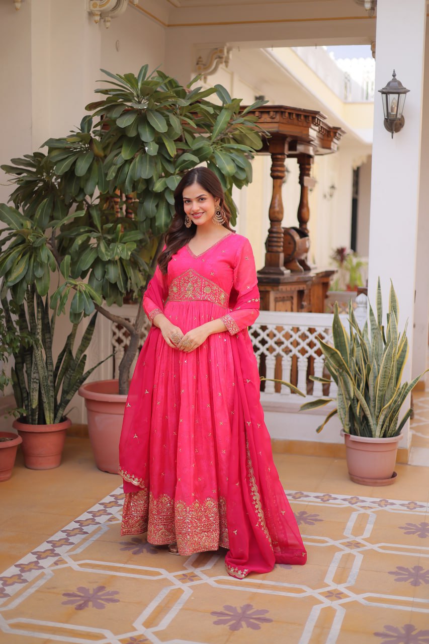 Pink Silk Embroidered Anarkali Gown ClothsVilla