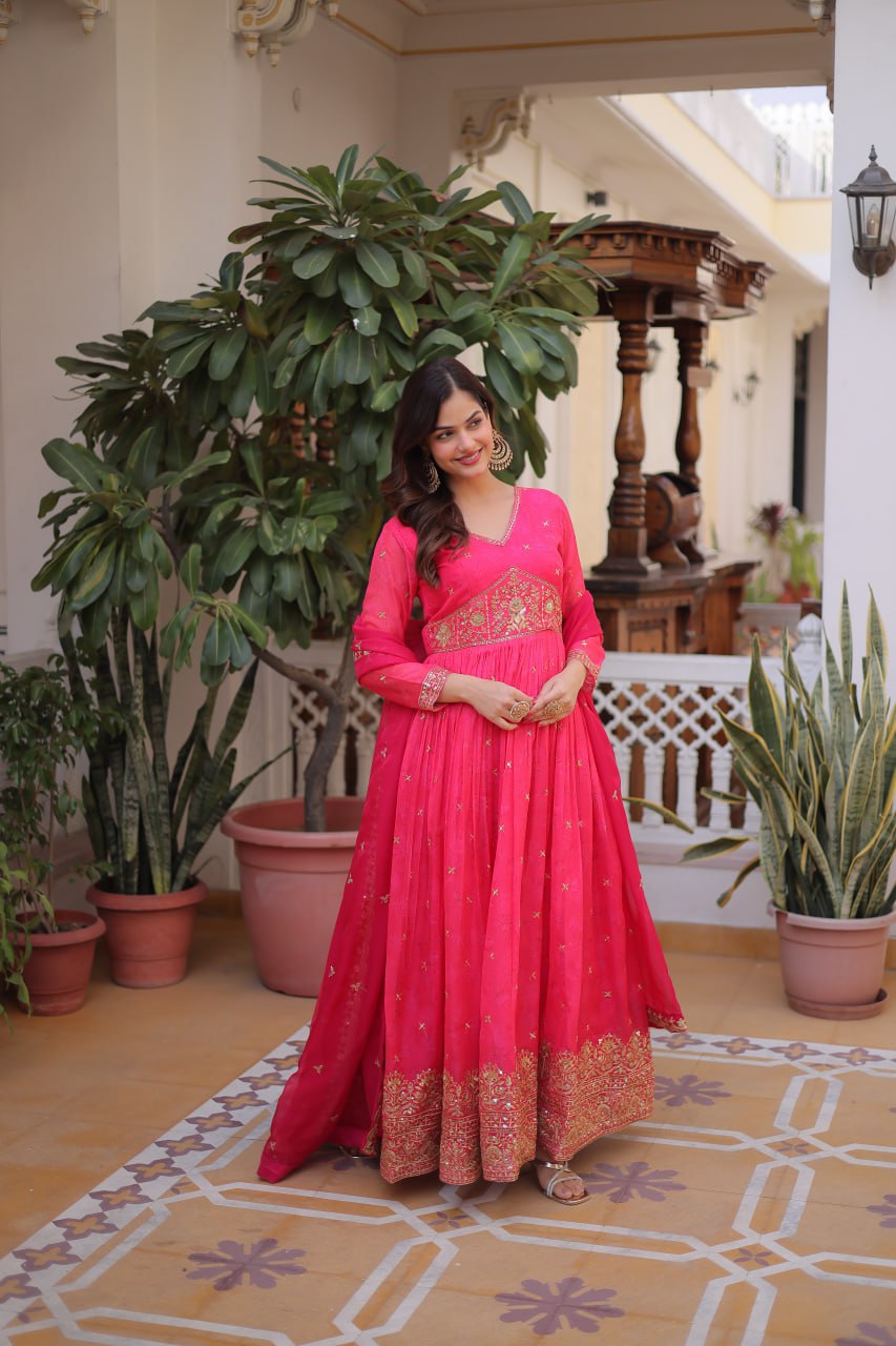 Pink Silk Embroidered Anarkali Gown ClothsVilla