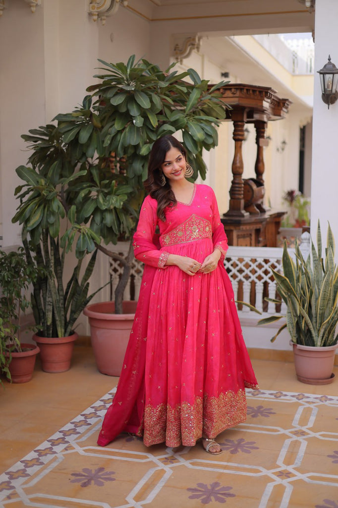 Pink Silk Embroidered Anarkali Gown ClothsVilla