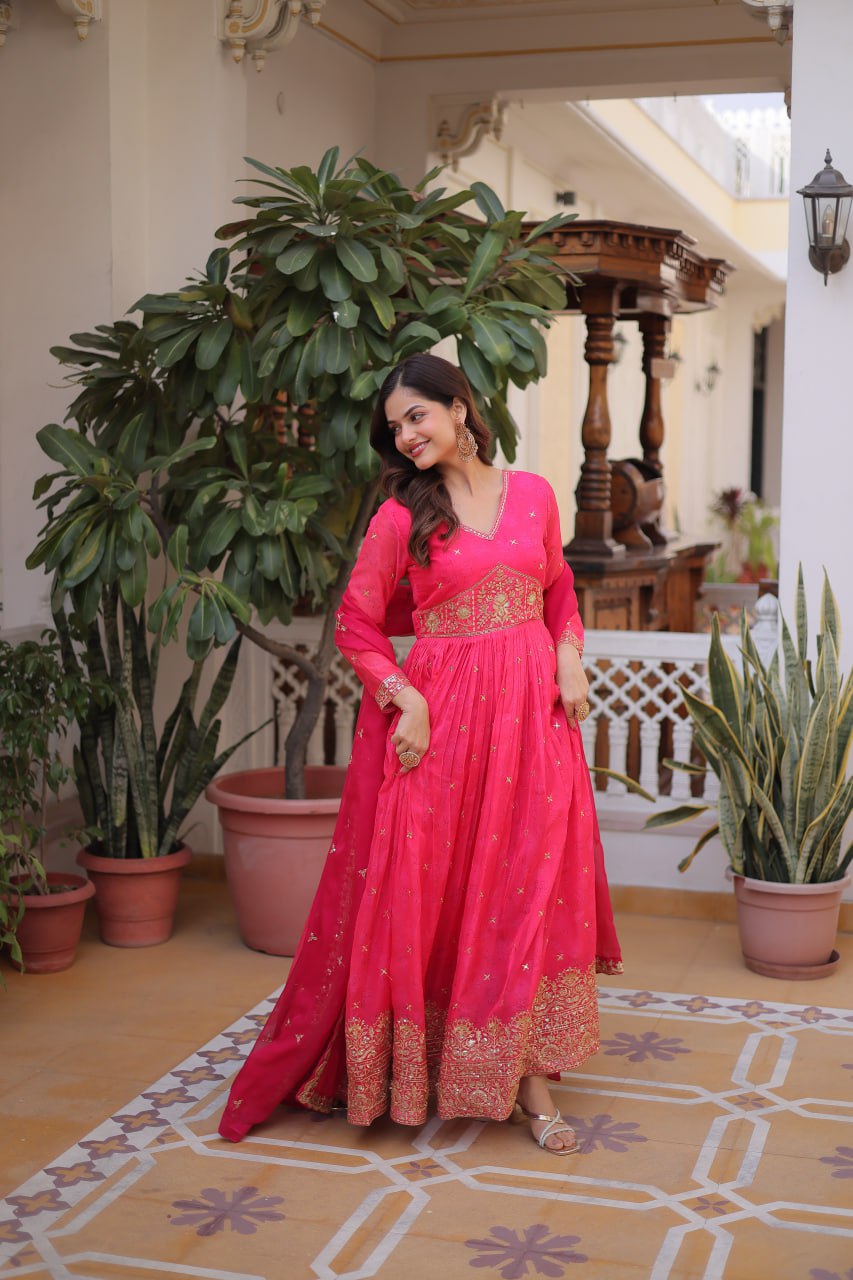 Pink Silk Embroidered Anarkali Gown ClothsVilla