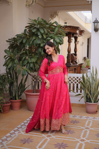 Pink Silk Embroidered Anarkali Gown ClothsVilla
