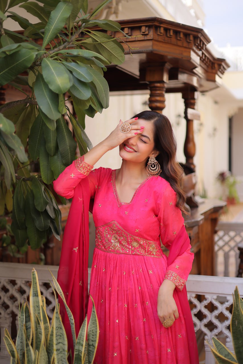 Pink Silk Embroidered Anarkali Gown ClothsVilla