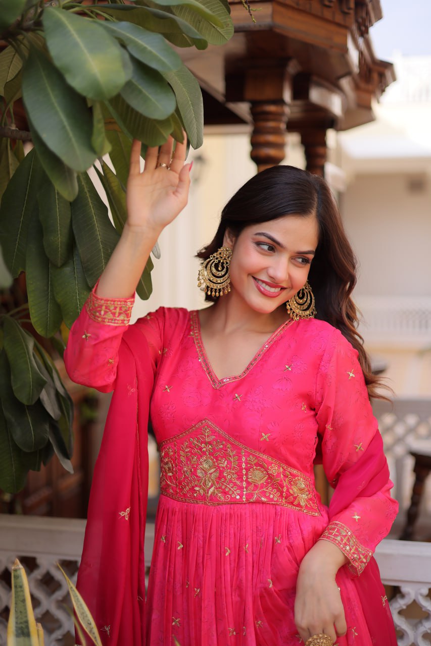 Pink Silk Embroidered Anarkali Gown ClothsVilla
