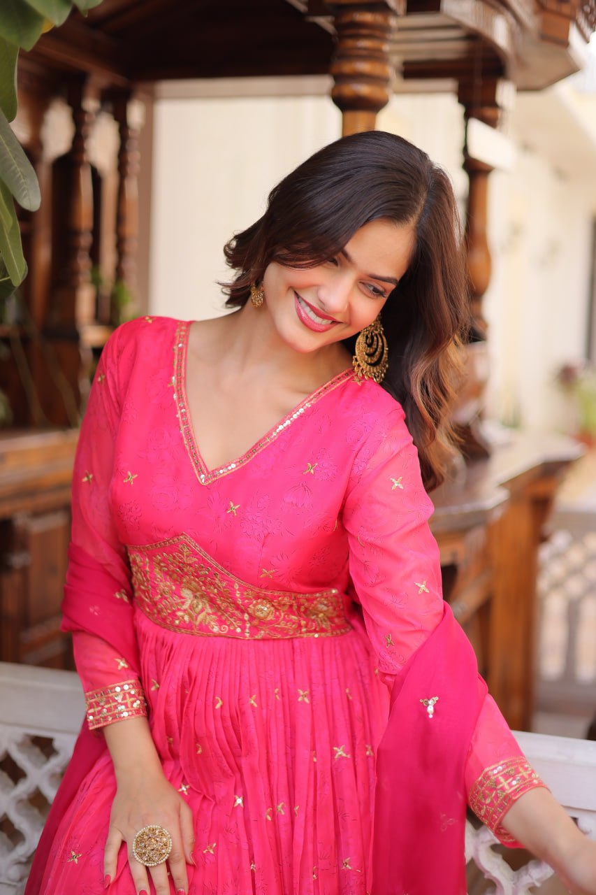 Pink Silk Embroidered Anarkali Gown ClothsVilla