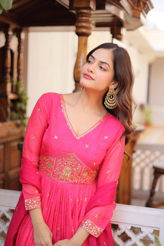 Pink Silk Embroidered Anarkali Gown ClothsVilla