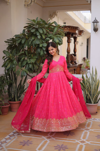 Pink Silk Embroidered Anarkali Gown ClothsVilla