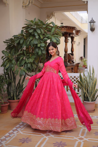 Pink Silk Embroidered Anarkali Gown ClothsVilla