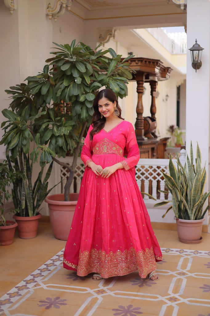 Pink Silk Embroidered Anarkali Gown XL