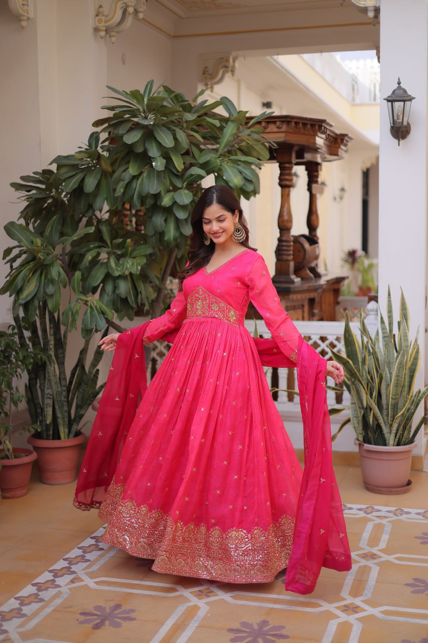 Pink Silk Embroidered Anarkali Gown ClothsVilla