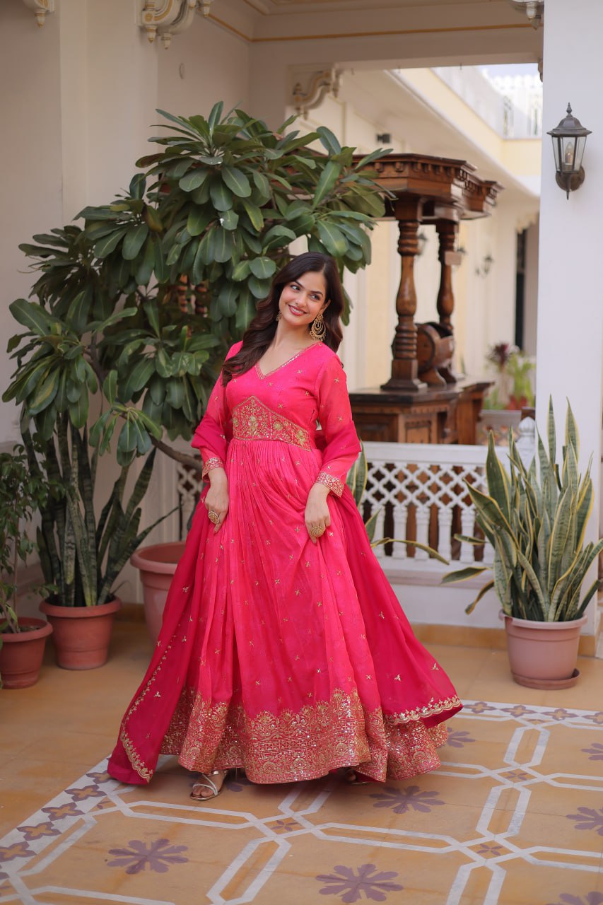 Pink Silk Embroidered Anarkali Gown ClothsVilla