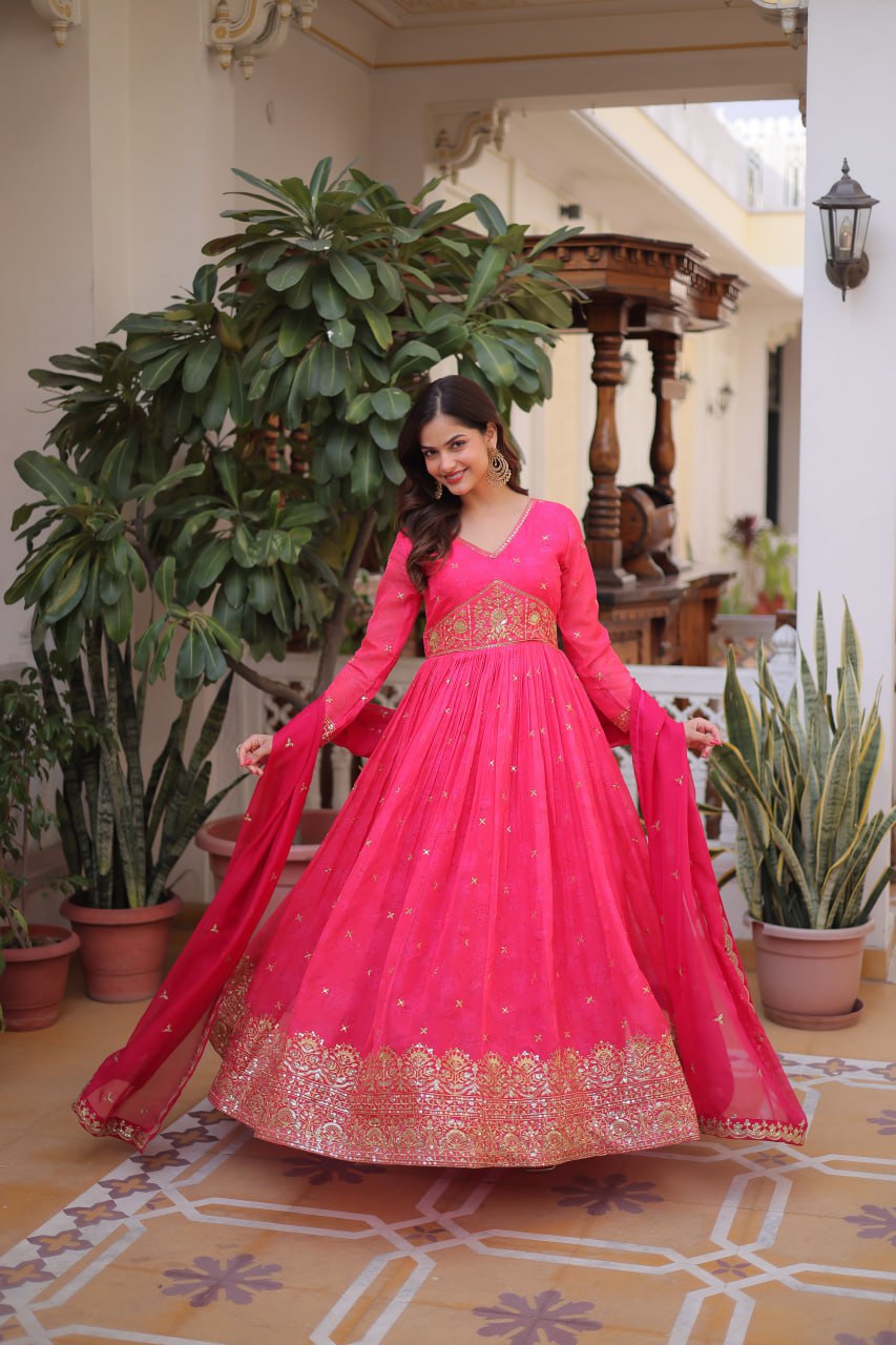 Pink Silk Embroidered Anarkali Gown ClothsVilla