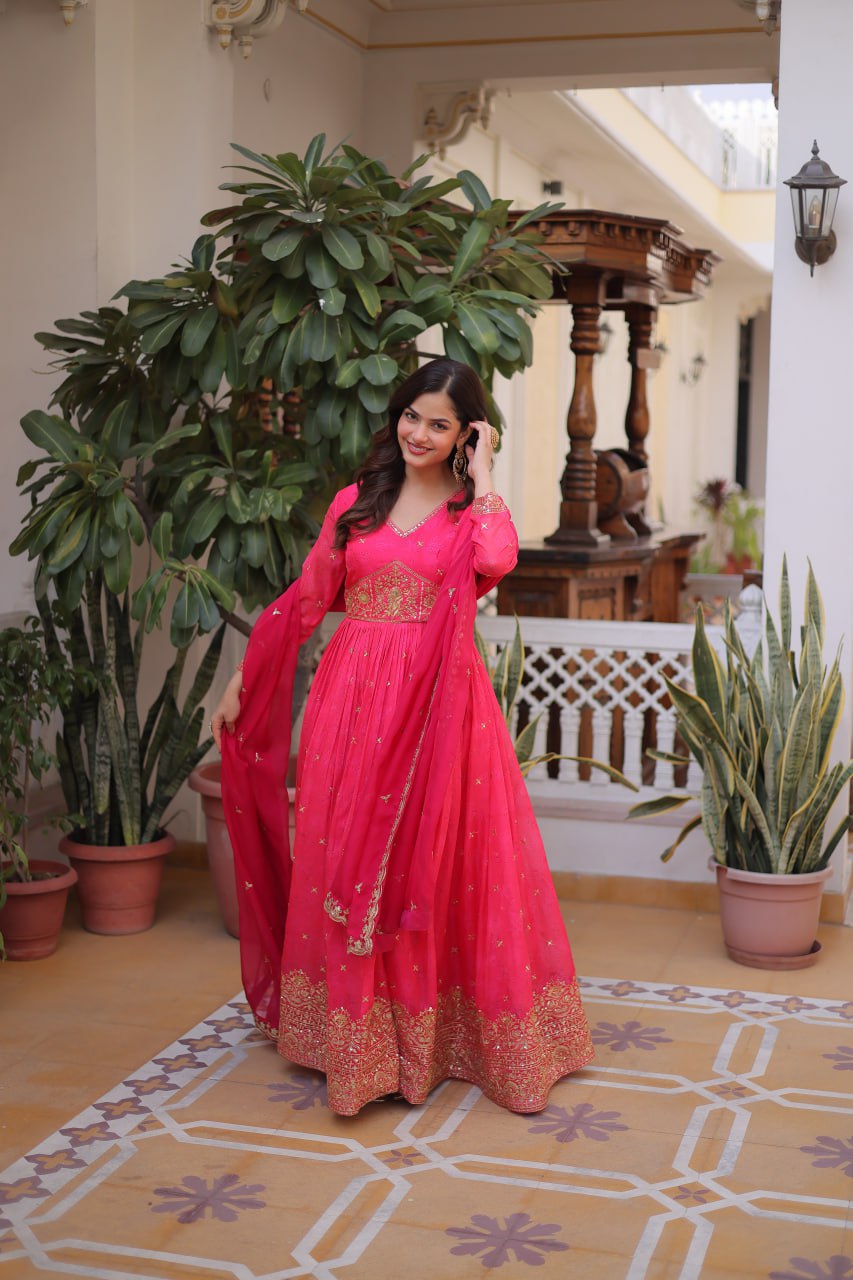 Pink Silk Embroidered Anarkali Gown ClothsVilla