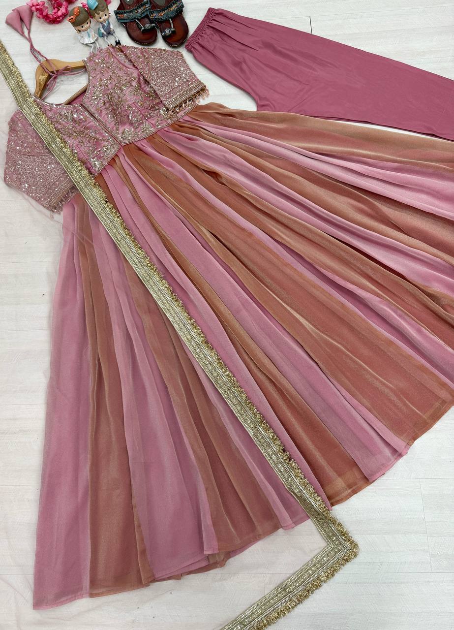 Pink Silk Embroidery Beads Work Gown ClothsVilla