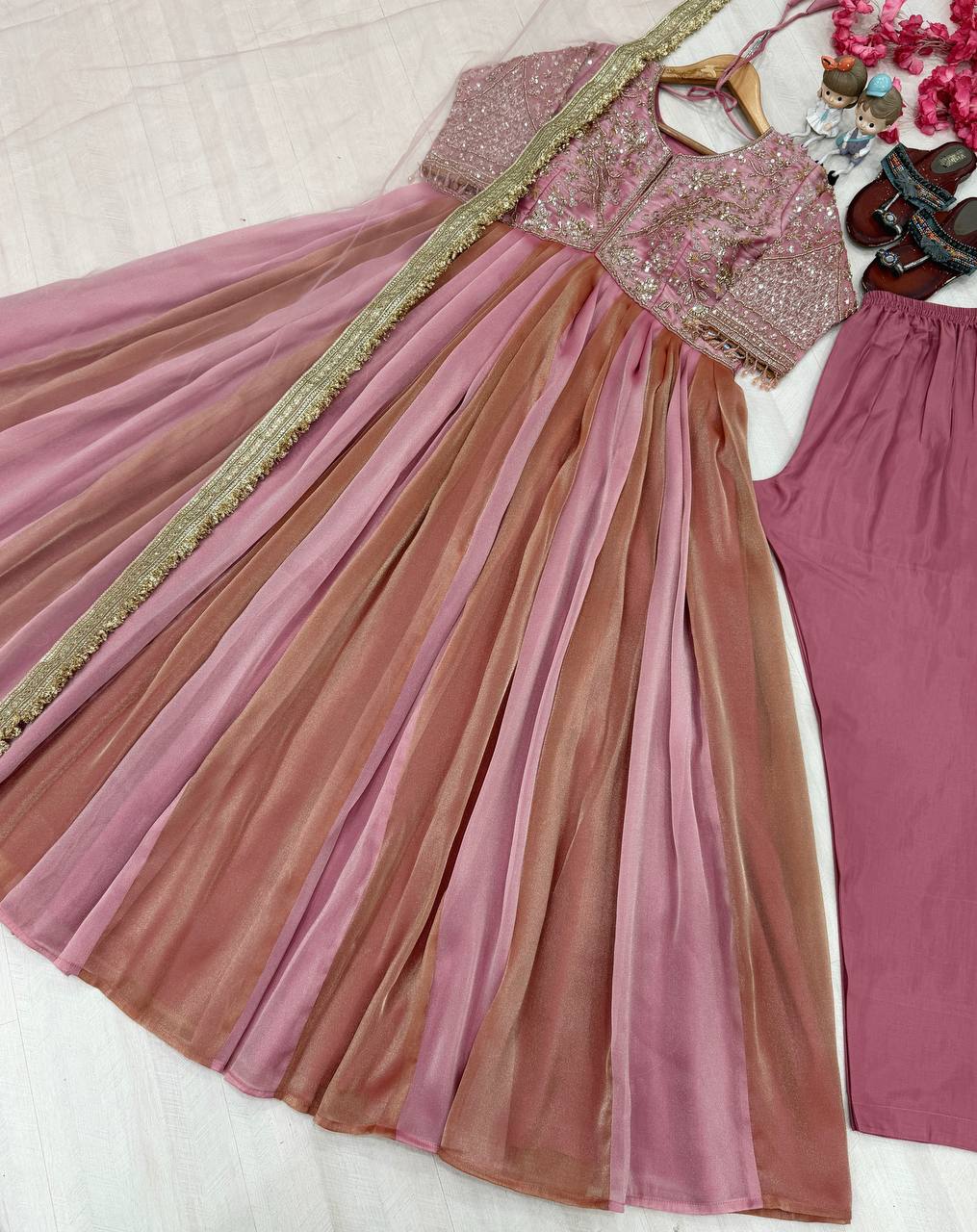Pink Silk Embroidery Beads Work Gown ClothsVilla
