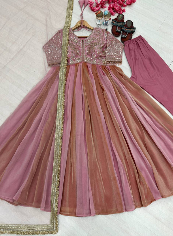 Pink Silk Embroidery Beads Work Gown ClothsVilla
