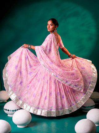 Pink Silk Floral Printed Lehenga ClothsVilla