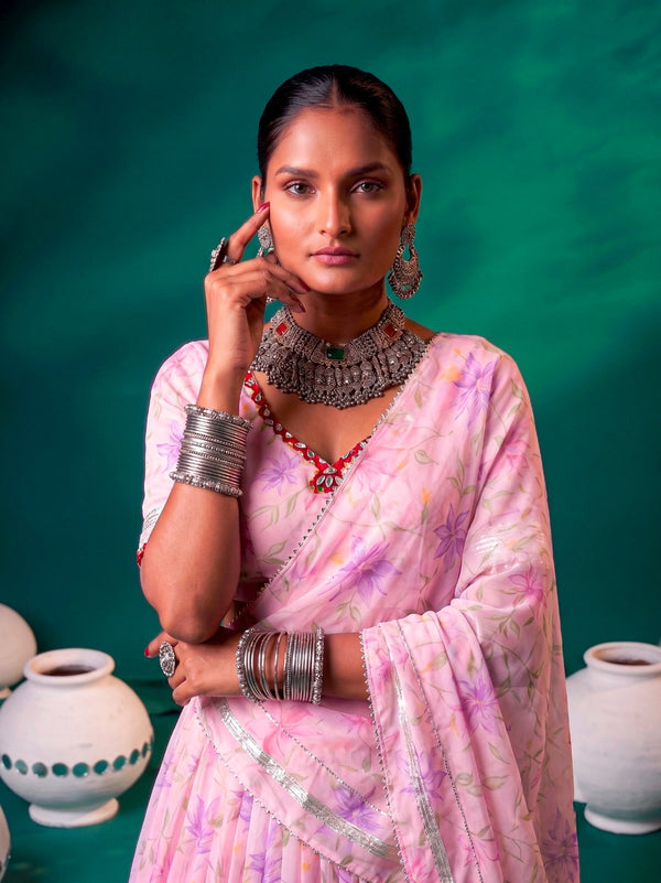 Pink Silk Floral Printed Lehenga ClothsVilla