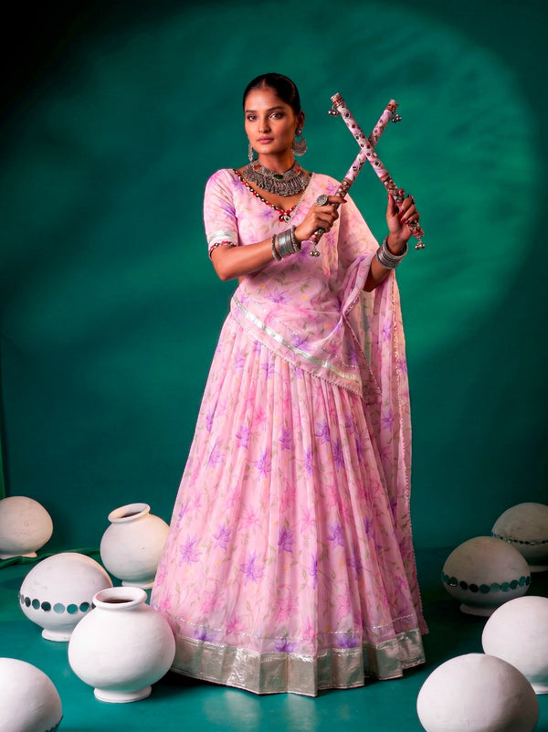 Pink Silk Floral Printed Lehenga ClothsVilla