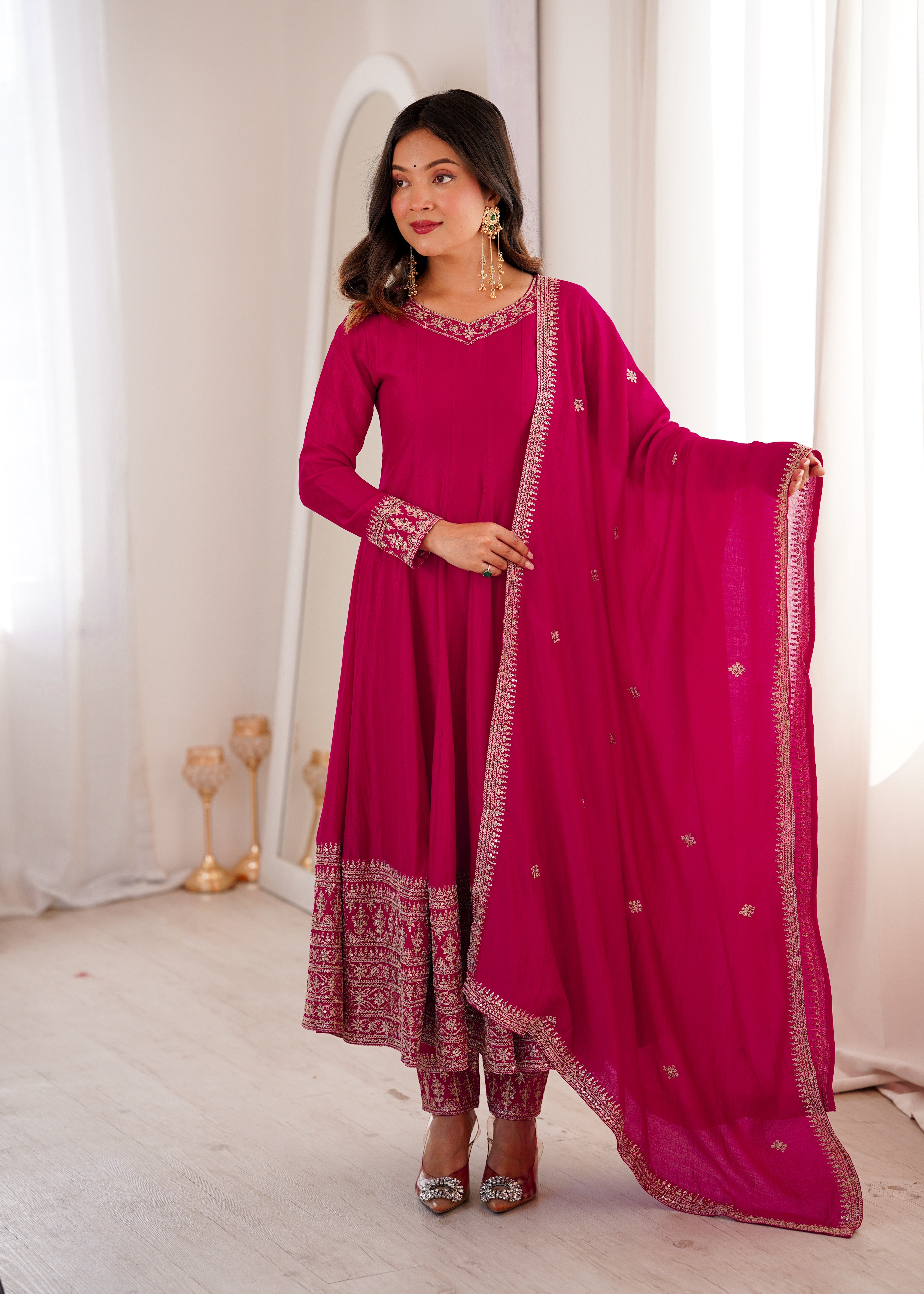 Pink Silk Full Kali Anarkali Gown set ClothsVilla Main image