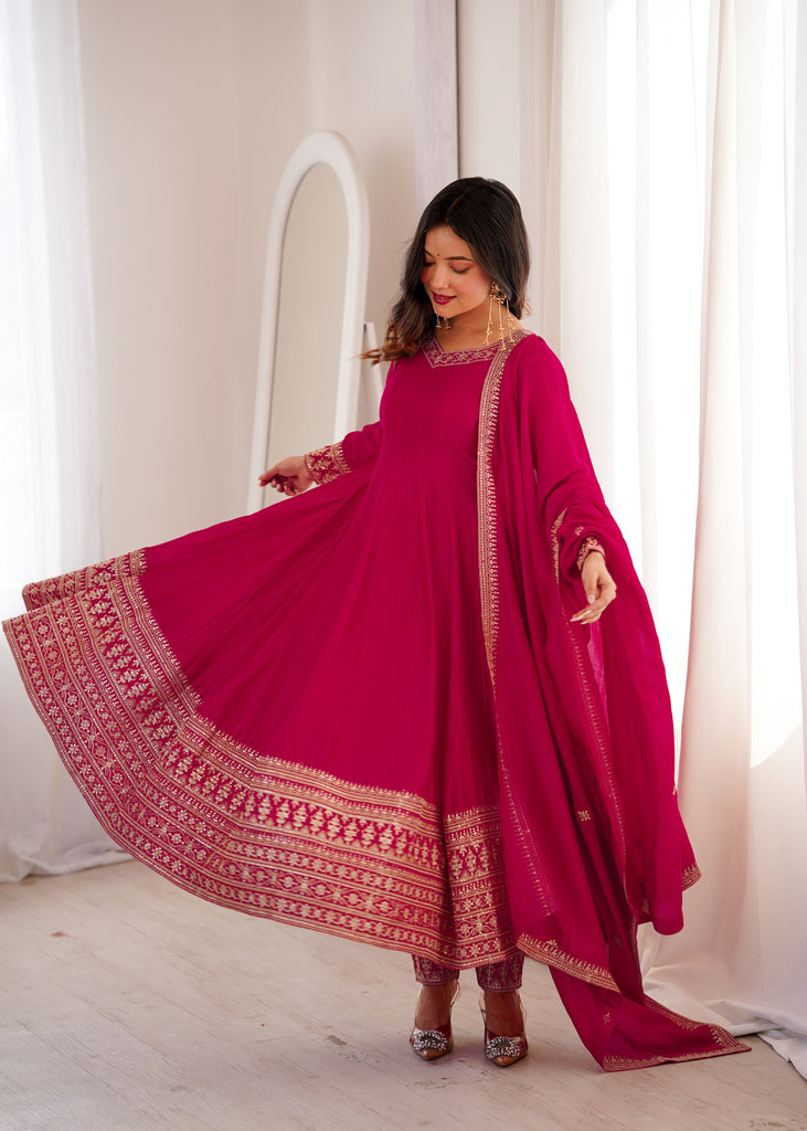 Pink Silk Full Kali Anarkali Gown set ClothsVilla