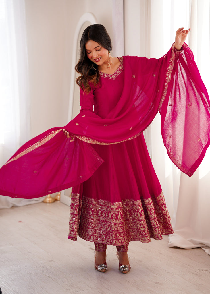 Pink Silk Full Kali Anarkali Gown set ClothsVilla