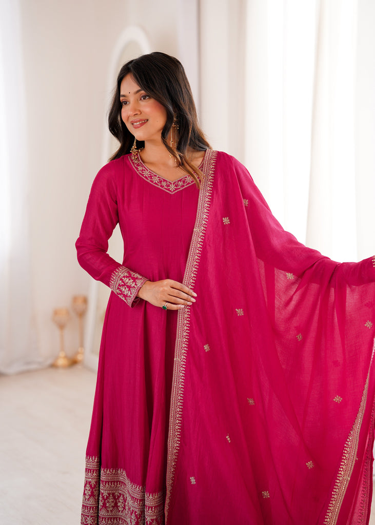 Pink Silk Full Kali Anarkali Gown set ClothsVilla