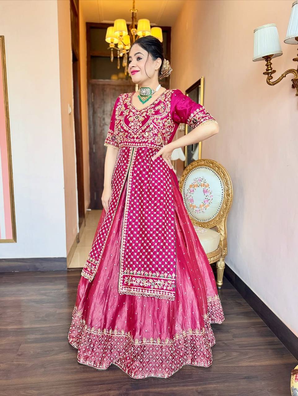 Pink Silk Kali Cut Lehenga Set ClothsVilla