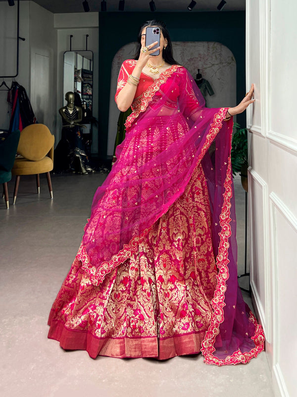 Pink Silk Lehenga Choli with Zari Work ClothsVilla
