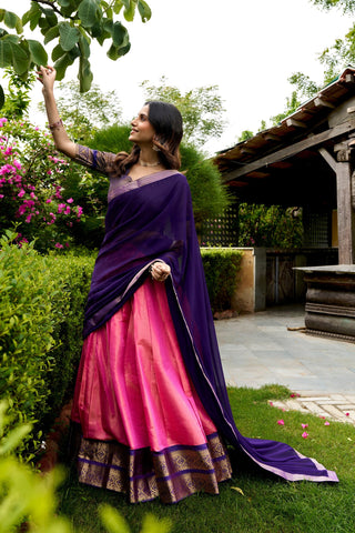 Pink Silk Lehenga Set with Zari Weaving work ClothsVilla