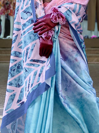 Pink & Sky Digital Print Saree in Satin Silk Blend – Party & Wedding Wear ClothsVilla