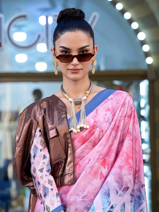 Pink & Sky Digital Print Saree in Satin Silk Blend – Party & Wedding Wear Secondary image