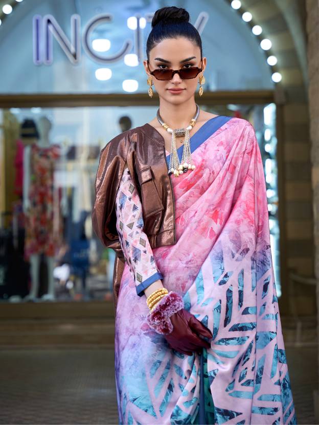 Pink & Sky Digital Print Saree in Satin Silk Blend – Party & Wedding Wear ClothsVilla